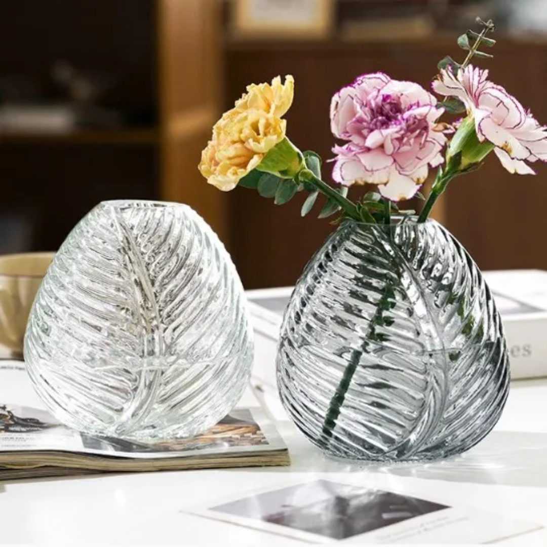 nordic leaf texture large glass vase – elegant crystal floral decoration for dining & coffee tables