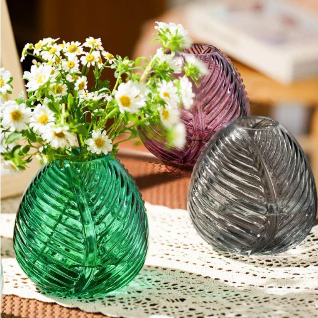 nordic leaf texture large glass vase – elegant crystal floral decoration for dining & coffee tables