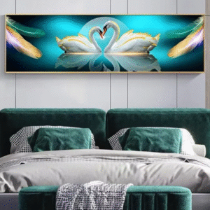 Luxury Swan Crystal Diamond Painting Wall Art – Abstract Porcelain Style Modern Wall Frame Picture for Bedroom, Bedside & Living Room Décor