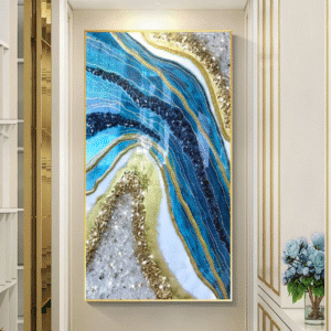 Geode Resin Wall Art – White, Blue & Gold Crystal Porcelain Beach Painting | Modern Coastal Resin Artwork for Wall or Entrance Decor