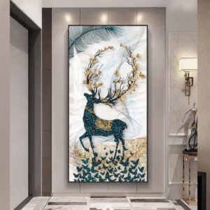 Luxury Deer Crystal Porcelain Wall Art – Large Diamond Framed Painting for Living Room, Porch & Home Decor