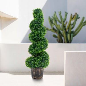 High Quality UV Resistant Faux Green Foliage Potted Plant in Plastic Pot Spiral Realistic Artificial Topiary Tree